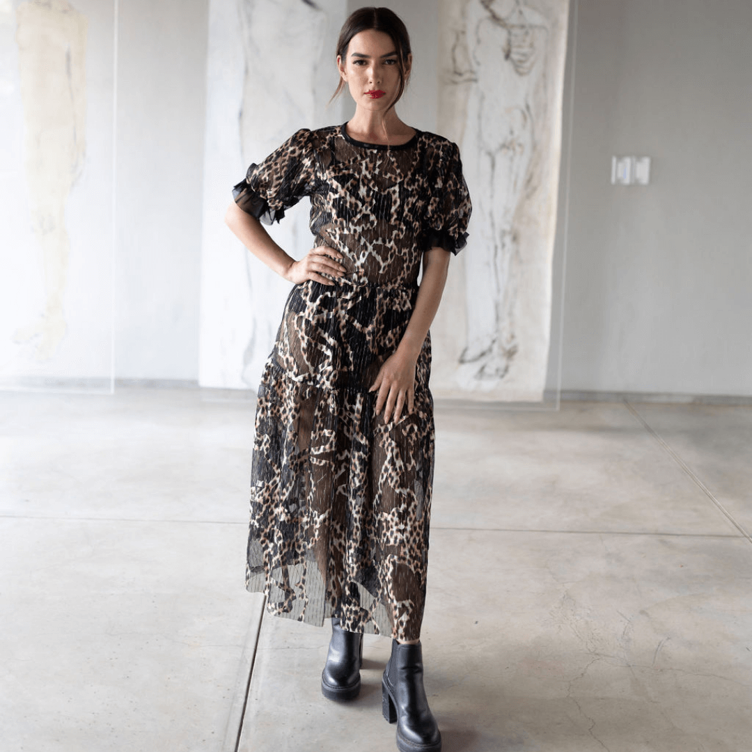 Black and leopard print iris dress mesh dress and detailed sleeve-dress-lynne