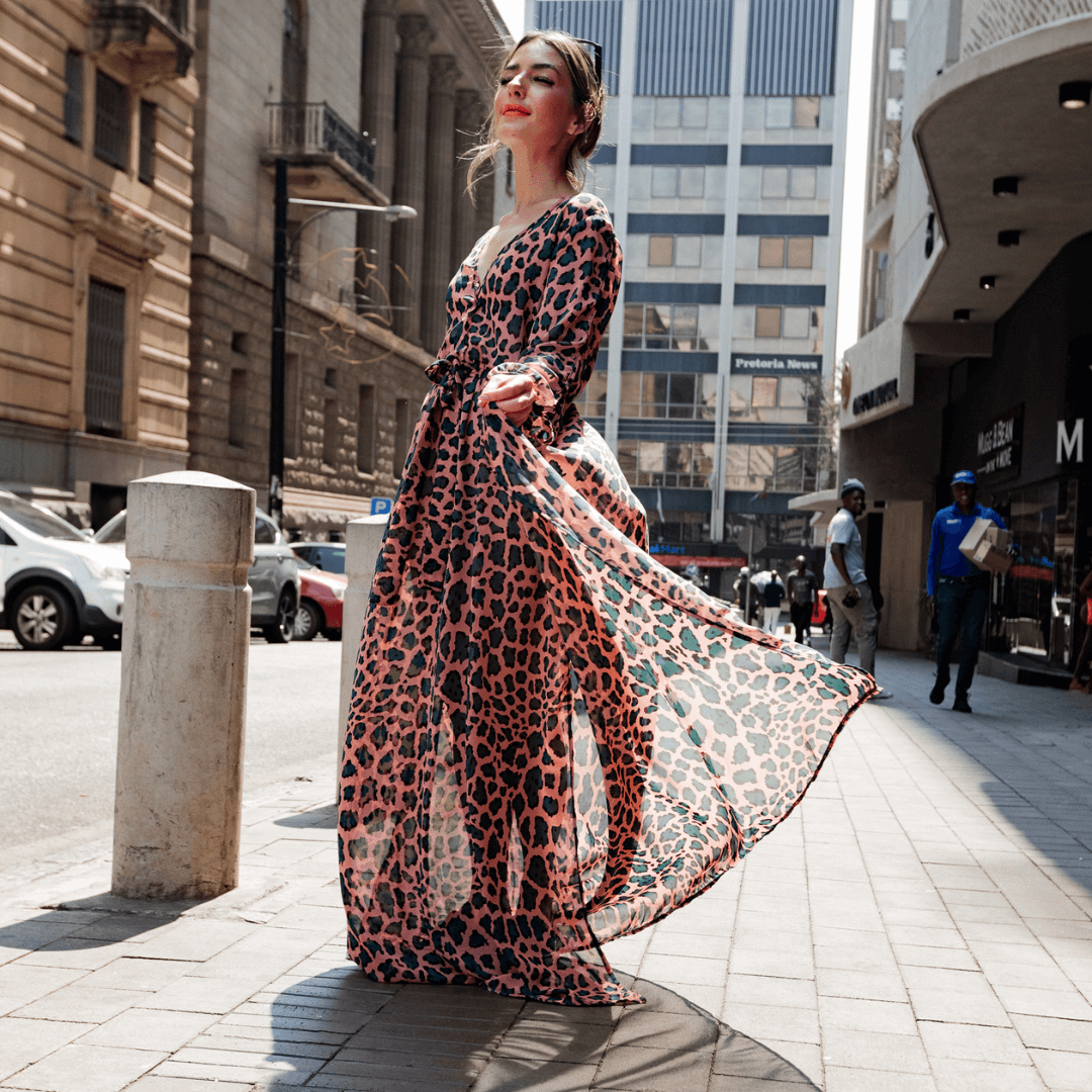 long kaftan light dress with long sleeve in a pink and green colour-dress-lynne