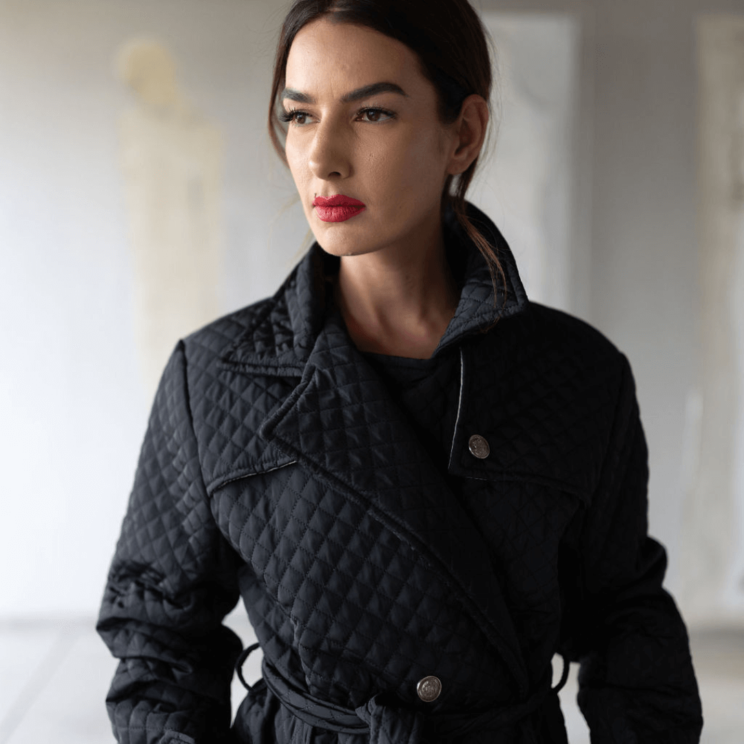 kyra matte black trench coat with button detail and stitching material detail-coat-lynne