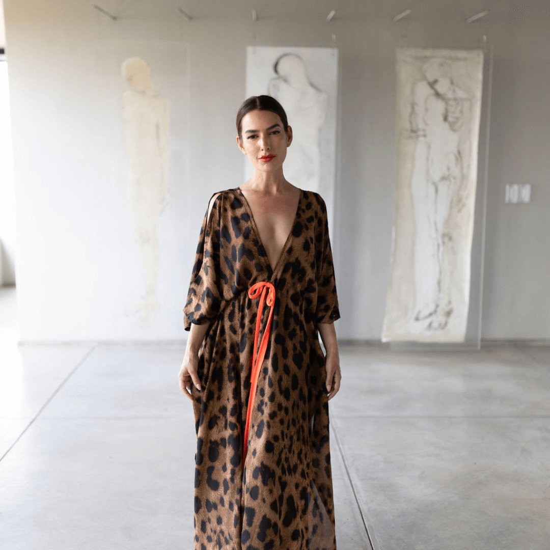 luna kaftan perfect for beach wear in a leopard print brown with a neon orange tie-dress-lynne