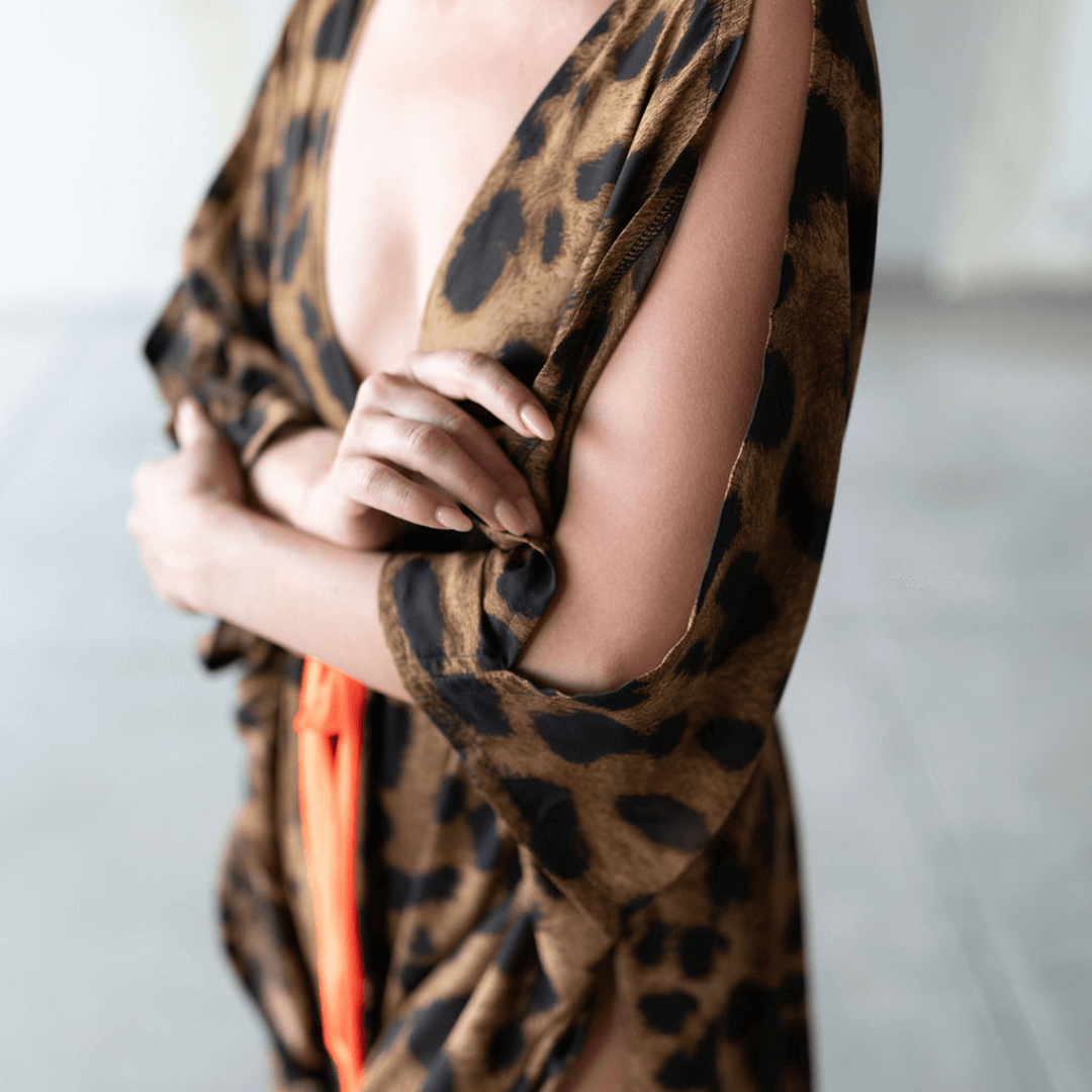 luna kaftan perfect for beach wear in a leopard print brown with a neon orange tie-dress-lynne