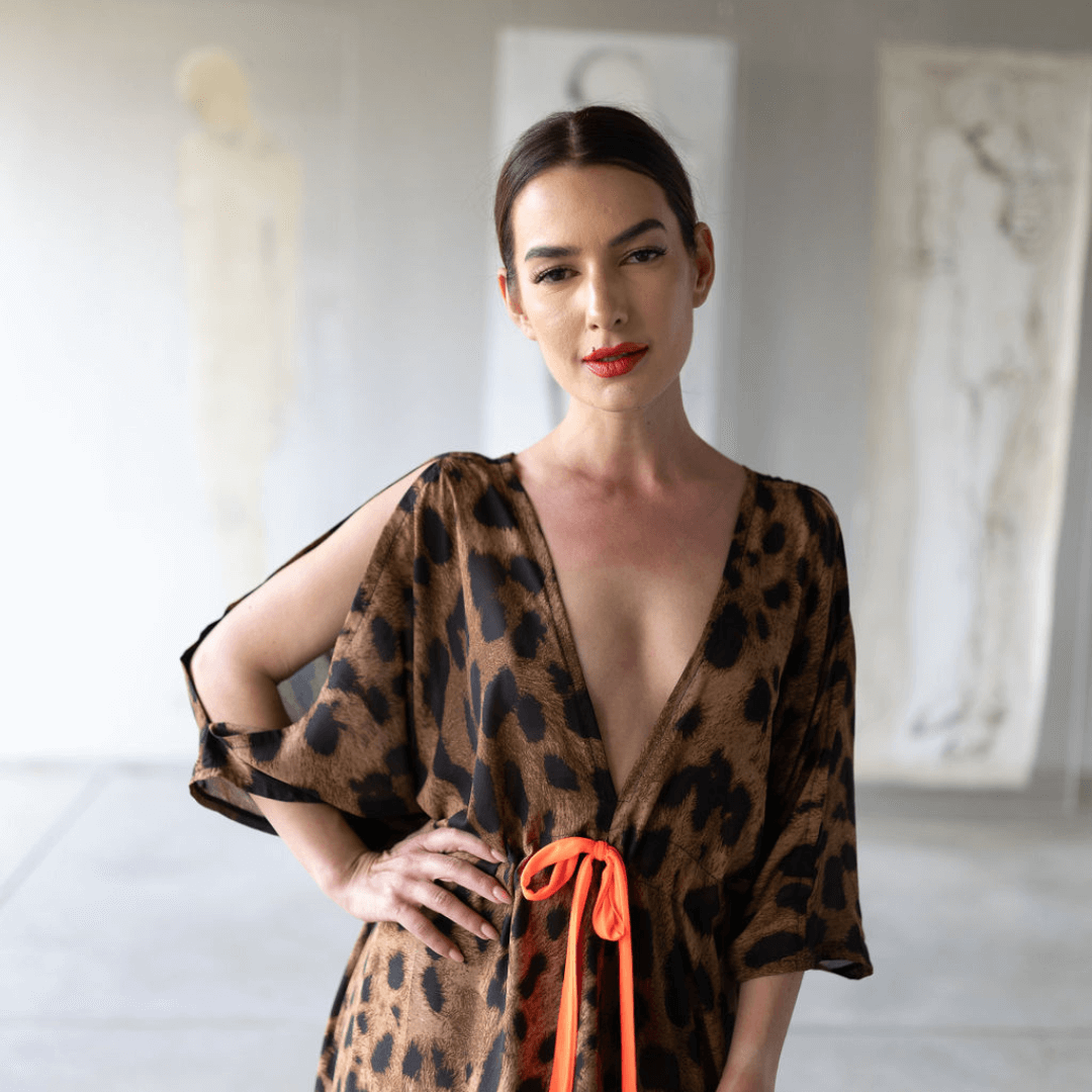 luna kaftan perfect for beach wear in a leopard print brown with a neon orange tie-dress-lynne