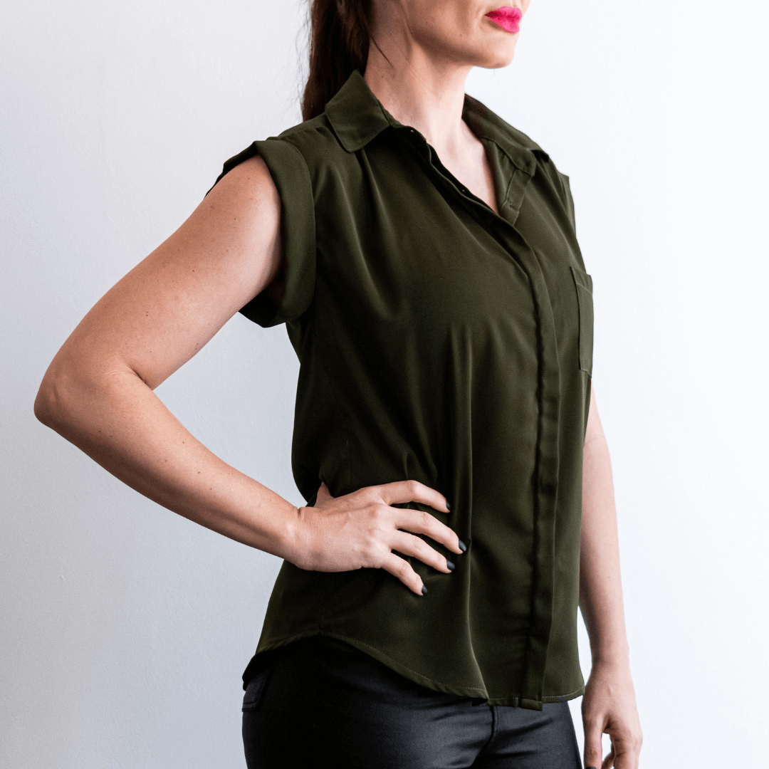 sarah army green no sleeves blouse very comfortable and loose fit button up blouse with collar-blouse-lynne