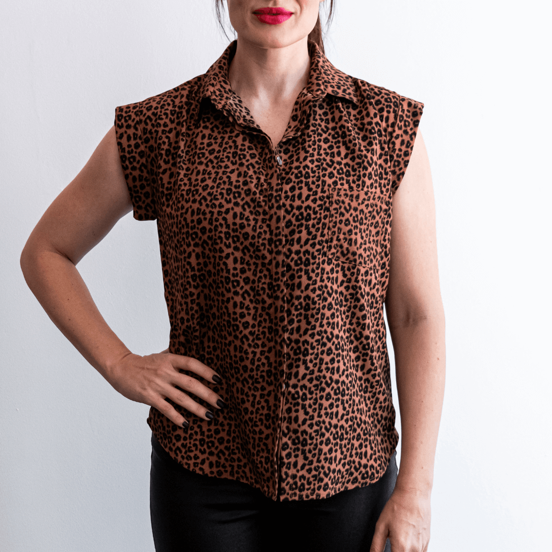 sarah brown leopard print no sleeves blouse very comfortable and loose fit button up blouse with collar-blouse-lynne