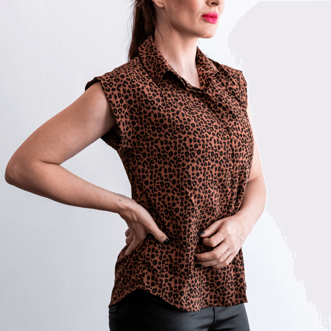 sarah brown leopard print no sleeves blouse very comfortable and loose fit button up blouse with collar-blouse-lynne