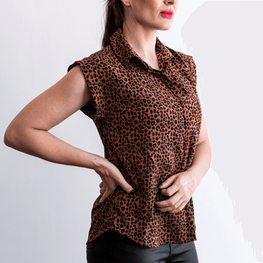 sarah brown leopard print no sleeves blouse very comfortable and loose fit button up blouse with collar-blouse-lynne