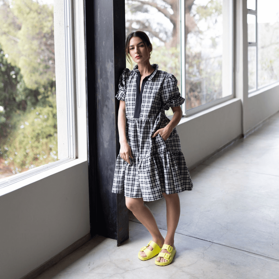 zoe baby doll short dress black and white check dress comfortable oversized fit-dress-lynne