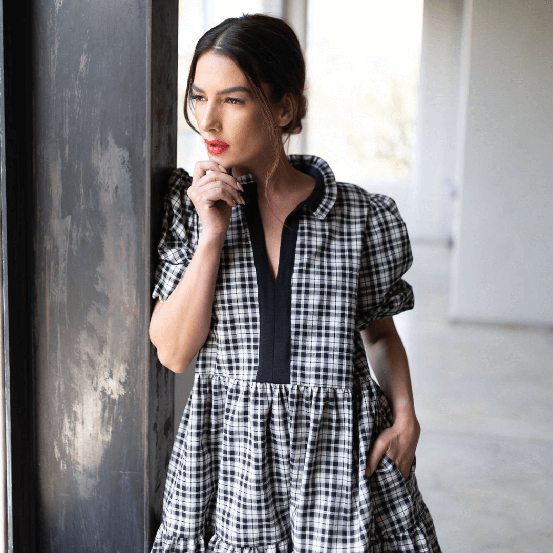 zoe baby doll short dress black and white check dress comfortable oversized fit-dress-lynne