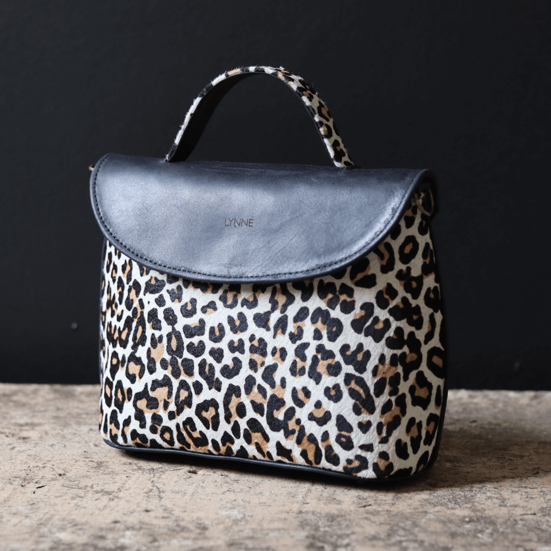 genuine leather handbag black and leopard print hide-coco-lynné