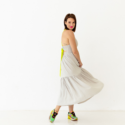 ameli long dress with tie up back in a grey and neon yellow detail material-dress-lynne