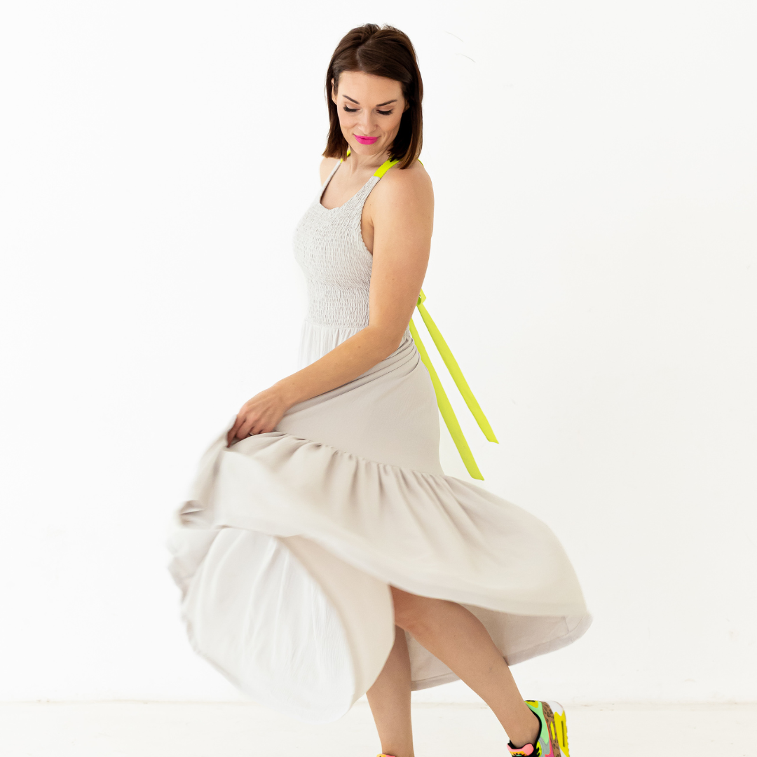 ameli long dress with tie up back in a grey and neon yellow detail material-dress-lynne