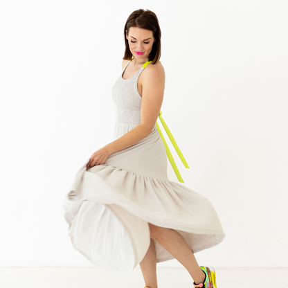 ameli long dress with tie up back in a grey and neon yellow detail material-dress-lynne