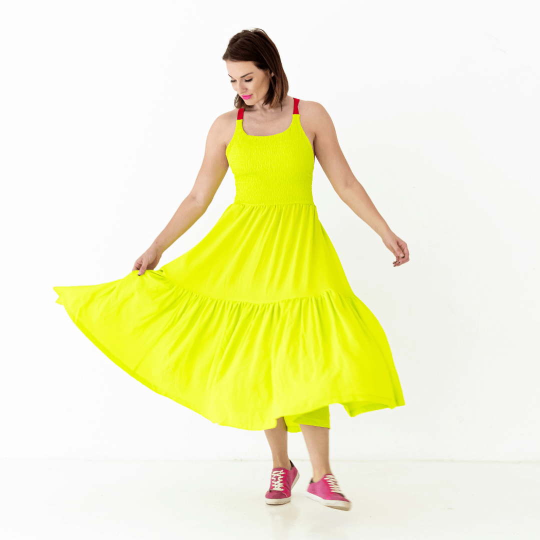 ameli long dress with tie up back in a neon yellow and hot pink detail material-dress-lynne