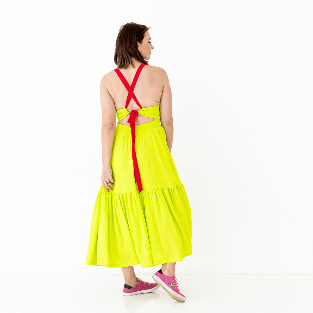 ameli long dress with tie up back in a neon yellow and hot pink detail material-dress-lynne