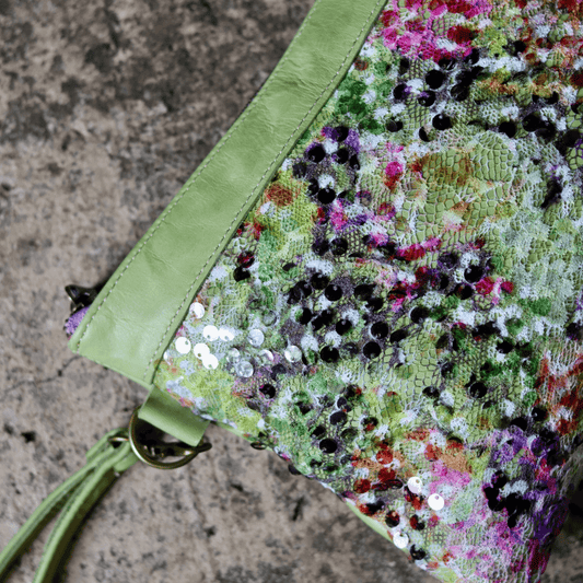 clutch handbag with green floral sequins detail and green genuine leather-elli-lynné