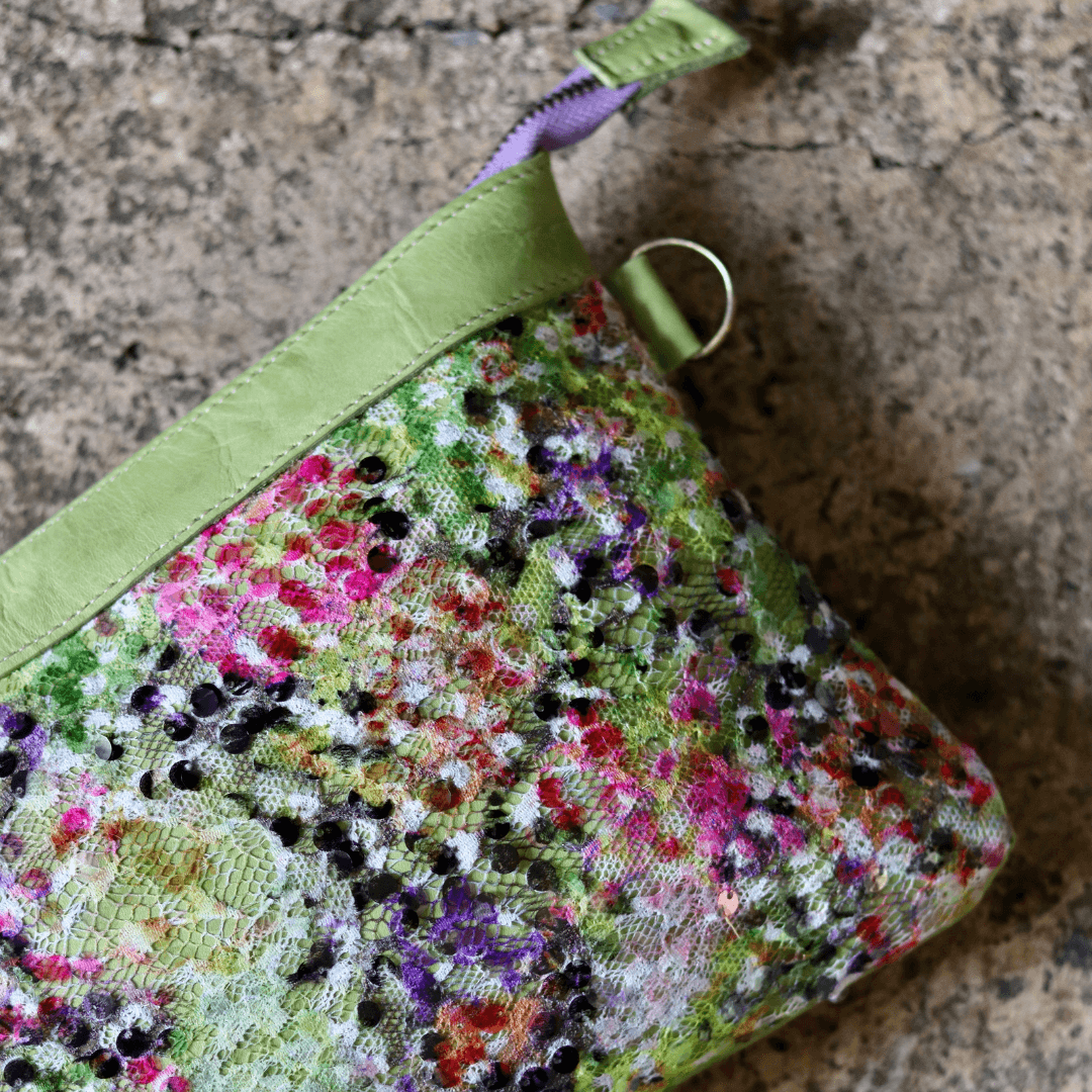 clutch handbag with green floral sequins detail and green genuine leather-elli-lynné