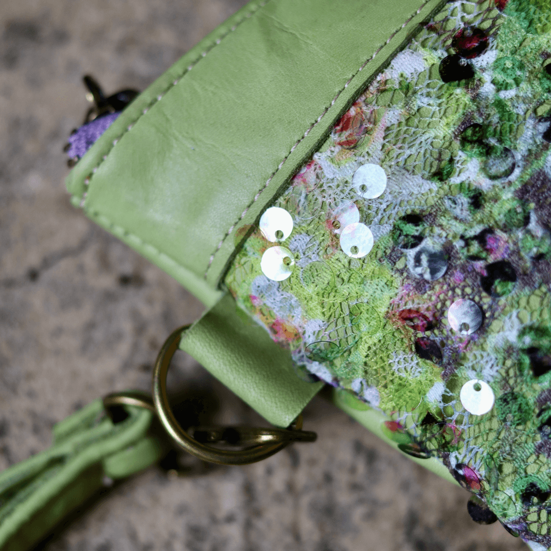 clutch handbag with green floral sequins detail and green genuine leather-elli-lynné