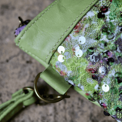 clutch handbag with green floral sequins detail and green genuine leather-elli-lynné
