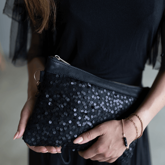 clutch handbag with sequins detail matte black genuine leather-elli-lynne