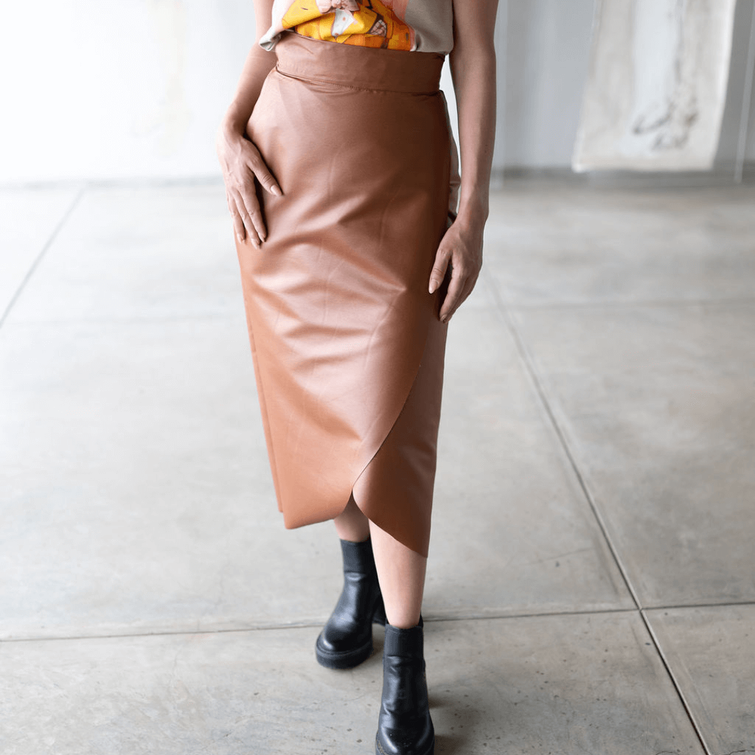 havanna wrap skirt in a pleather rust material comfortable tight fit-skirt-lynne