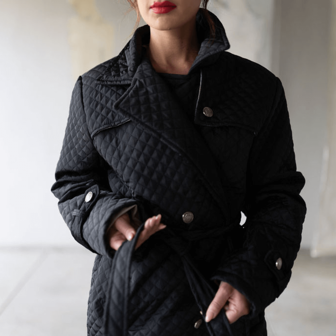 kyra matte black trench coat with button detail and stitching material detail-coat-lynne