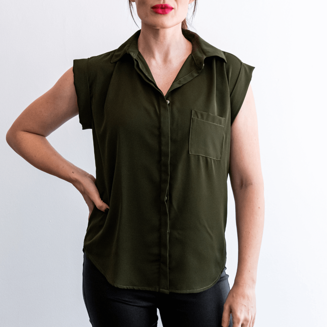 sarah army green no sleeves blouse very comfortable and loose fit button up blouse with collar-blouse-lynne