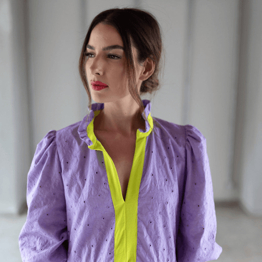 zoe baby doll short dress purple lilac detailed flower with neon coller dress comfortable oversized fit-dress-lynne